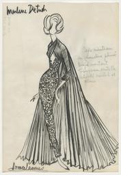 Vorschaubild zu  'Marlene Dietrich - Ein schmales, knöchellanges, gemustertes Kleid mit weitem Plissee-Umhang'