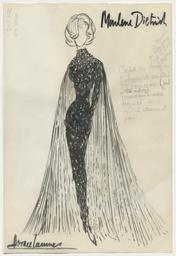 Vorschaubild zu  'Marlene Dietrich - Ein bodenlanges, schmales Kleid mit Plissee-Umhang'