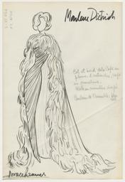 Vorschaubild zu  'Marlene Dietrich - Ein schmales, diagonal geschnittenes, langes Kleid und Umhang mit Saum aus Federn'