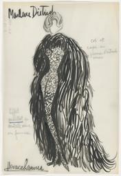 Vorschaubild zu  'Marlene Dietrich - Ein bodenlanges, schmales, gemustertes Kleid oder Trikot mit Umhang aus Federn'