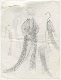 Vier verschiedene Ansichten eines Showkleides mit besticktem Mantel (Archivtitel), Kostümentwurf, 1961 (circa)