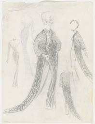 Vier verschiedene Ansichten eines Showkleides mit besticktem Mantel (Archivtitel), Kostümentwurf, 1961 (circa)