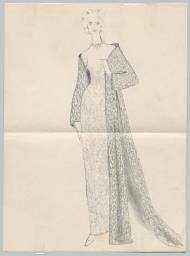 Ein bodenlanger, bestickter Mantel über einem langen Showkleid (Archivtitel), Kostümentwurf, 1962 (circa)