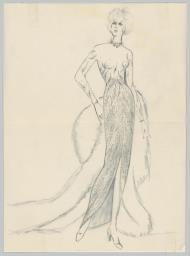Ein knöchellanges, vorn geschlitztes Showkleid (Archivtitel), Kostümentwurf, 1950 (circa)