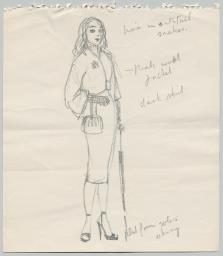Vorschaubild zu  'Ein zweiteiliges Kostüm aus kurzer Jacke oder Bluse mit ausgestellten Ärmeln und Anstecker und schmalem Rock, hohe Sandaletten'