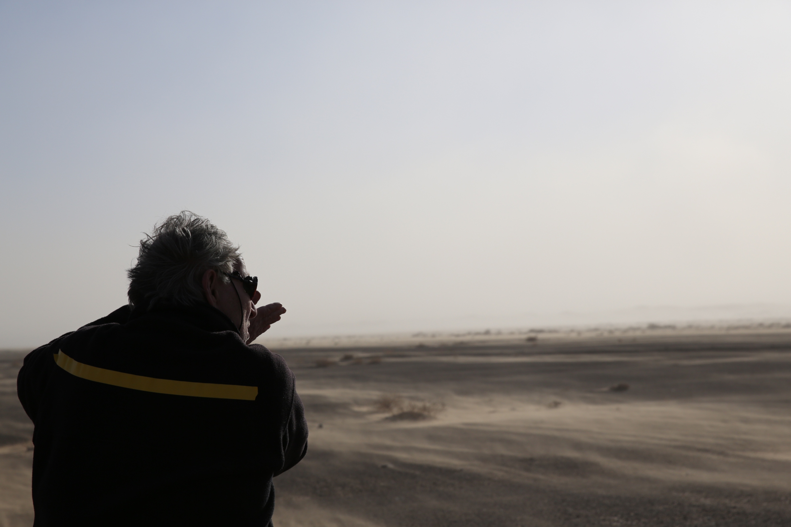 The director in profile, standing on a dune and looking into the distance. He is dressed in dark clothes.