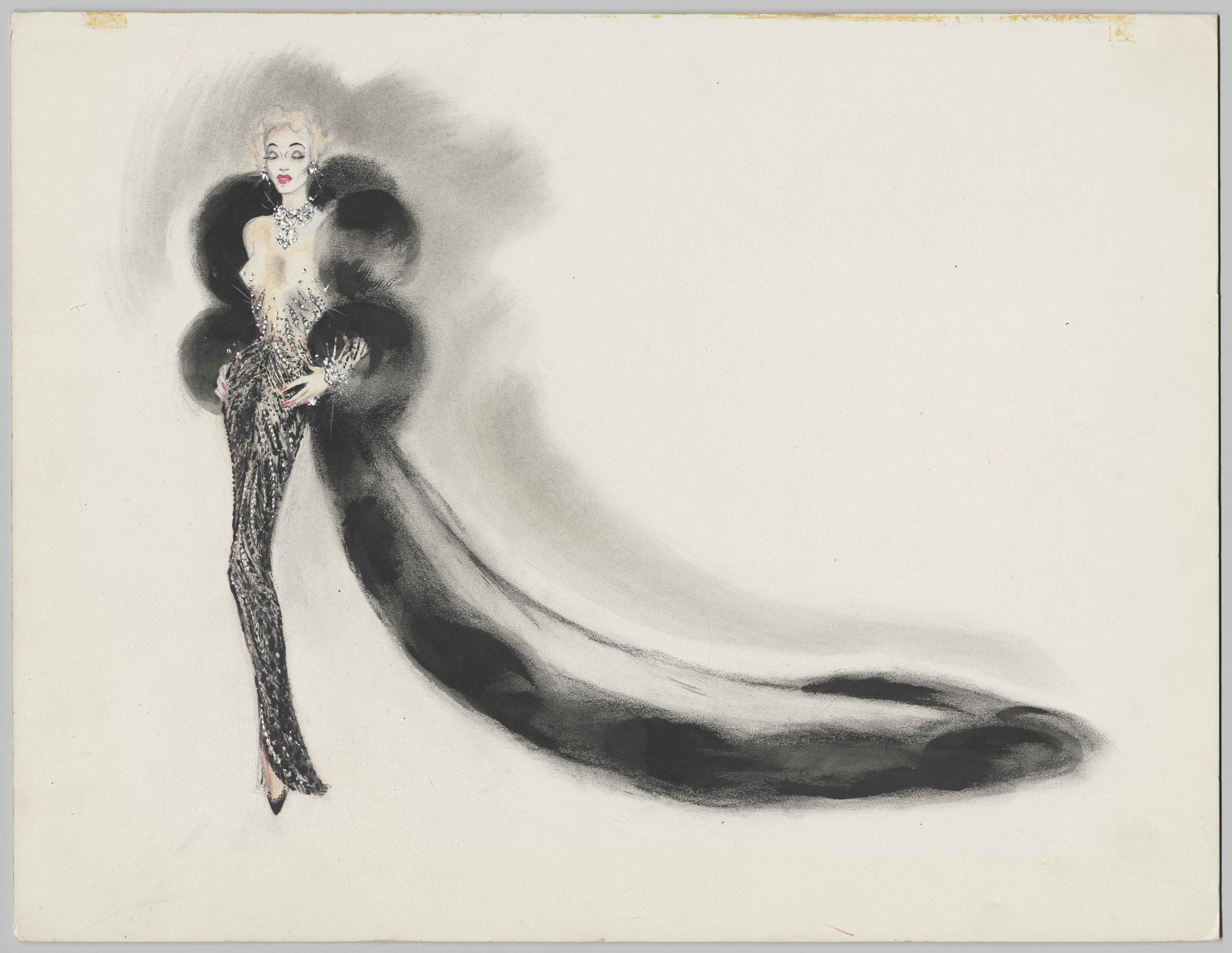 Costume design of a black show dress with rhinestones and sequins, including coat and fur trimming, Los Angeles, ca. 1953