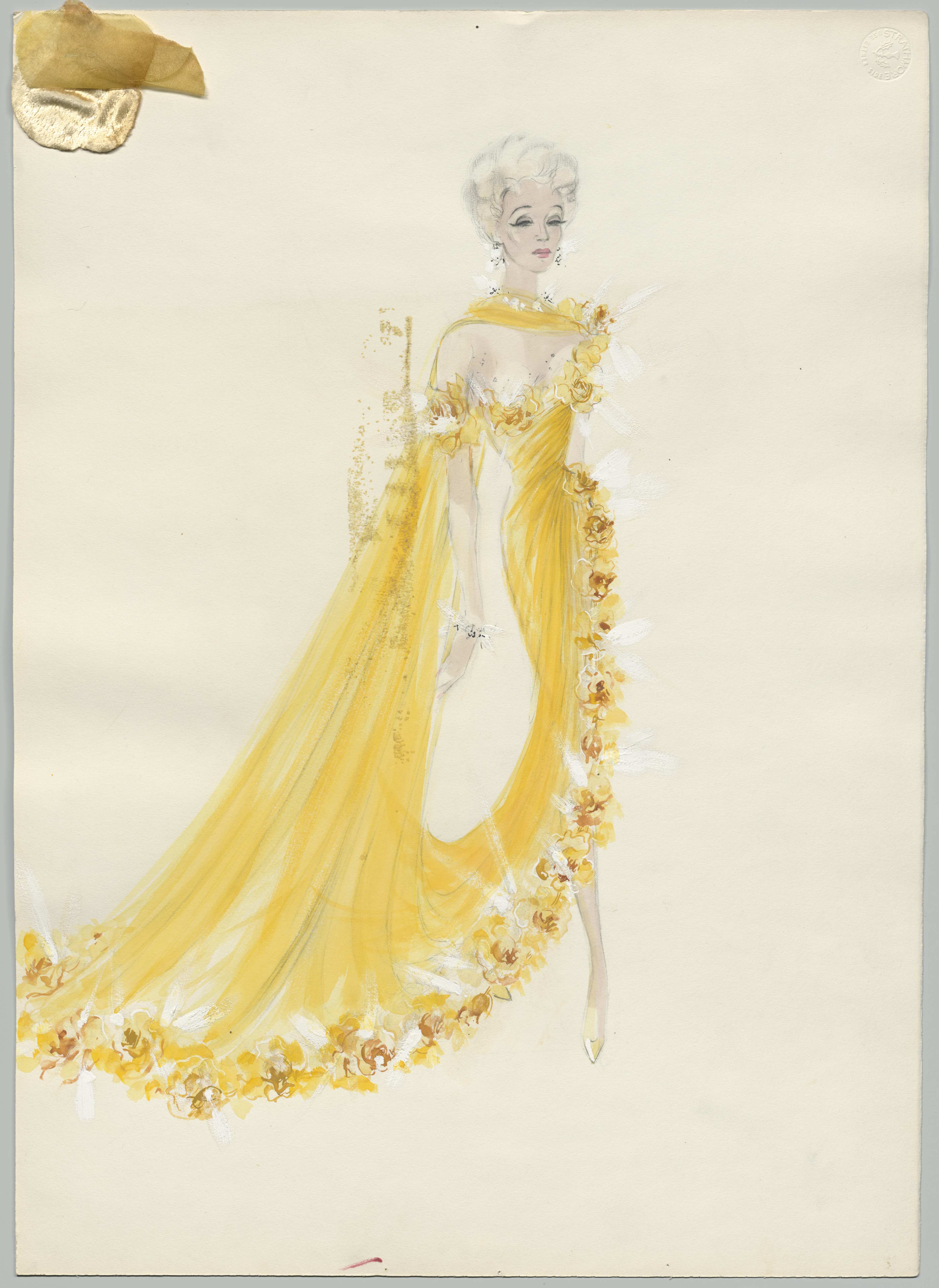 Kostümentwurf eines schulterfreien Showkleides mit Blüten und Stoffprobe, Design: Jean Louis, Los Angeles, 1950er-Jahre