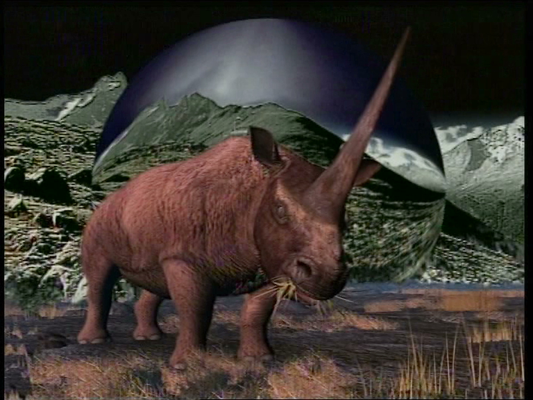 Szenenfoto eines animierten Wollnashorns aus dem Film 70.000 Jahre wie ein Tag (Deutschlang 2014, Regie: Alexander Kluge)