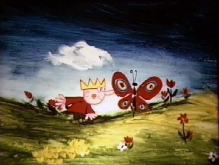 Farbiges Zeichentrickbild: Blumenwiese mit kleinem König und Schmetterling