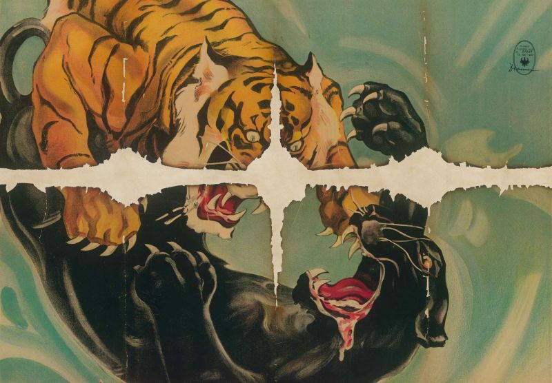 Historisches Filmplakat mit zwei kämpfenden Raubkatzen