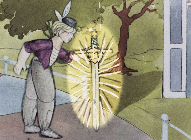 Ein blonder Junge hält ein glänzendes Schwert in der Hand.