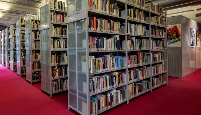 Book shelves in the library standing on red carpet.