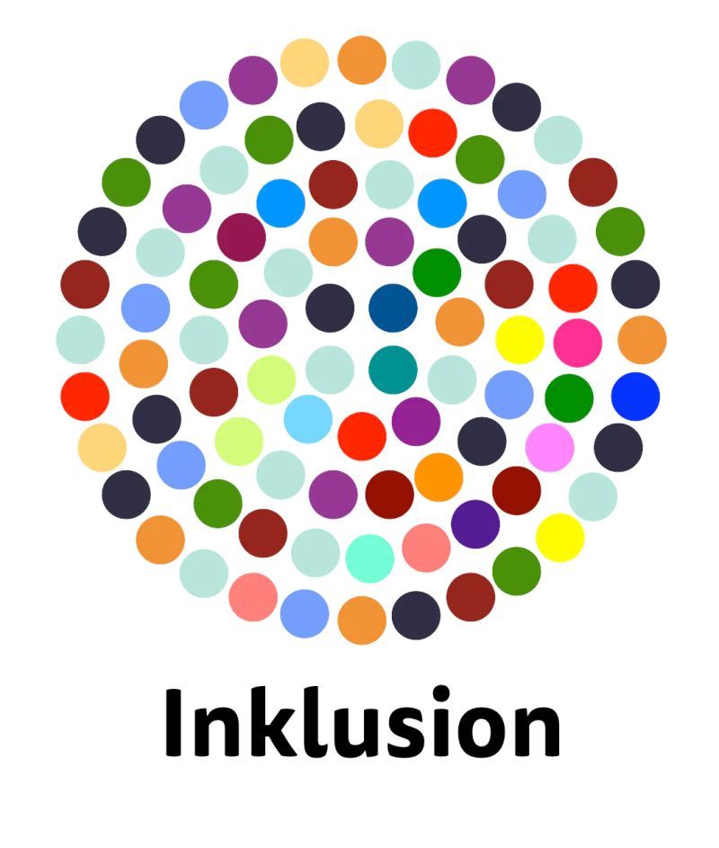 A circle, containing of smaller colourful circles with the word "inclusion" written underneath.