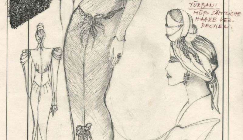 Pencil-drawing of a dress and turban.