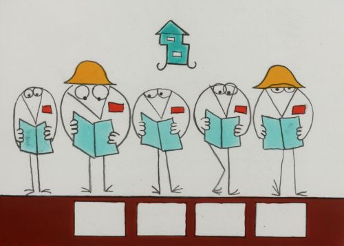 Still from Les Shadoks: hand-drawn figures with turqoise books and some with yellow hats in front of a white background