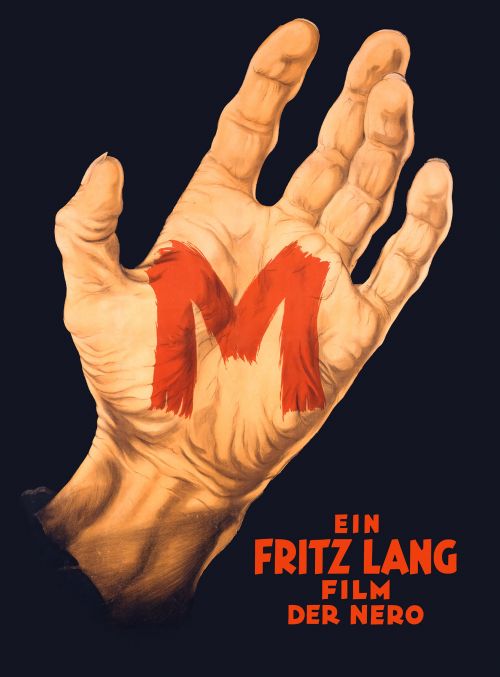 Historisches Filmplakat mit farbiger Grafik einer großen Hand, in deren Innenfläche ein großes rotes M geschrieben steht
