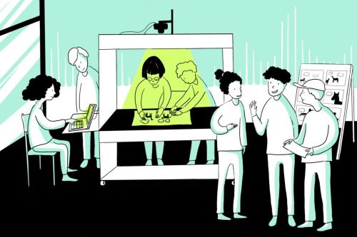 Illustration: A group of kids at a trickbox, two are sitting at a computer to the left, two are working at the trick box and three are talking on the right hadn side.
