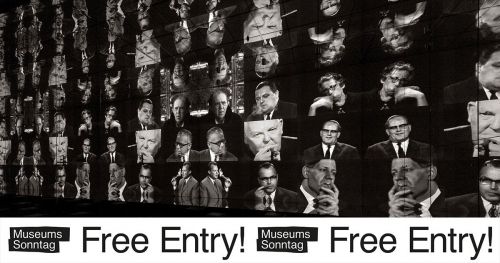 Screenwall showing many differenc faces with the sticker "Museum Sunday – Free Entry!"