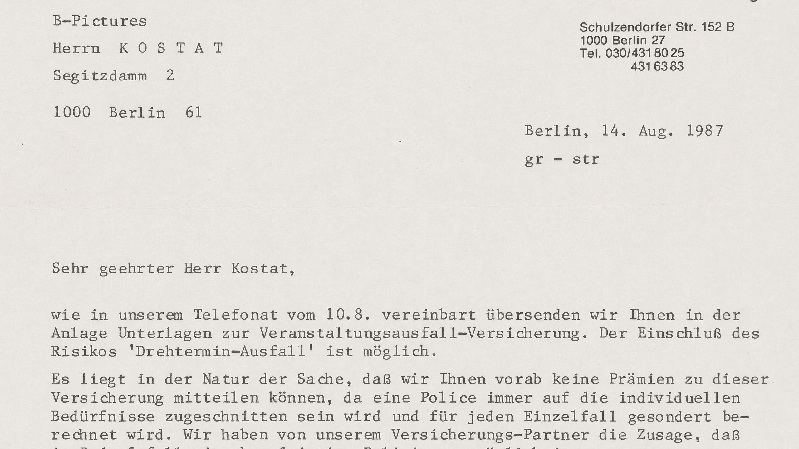 Brief an Hellmuth Costard, der Nachname falsch geschrieben: K-O-S-T-A-T