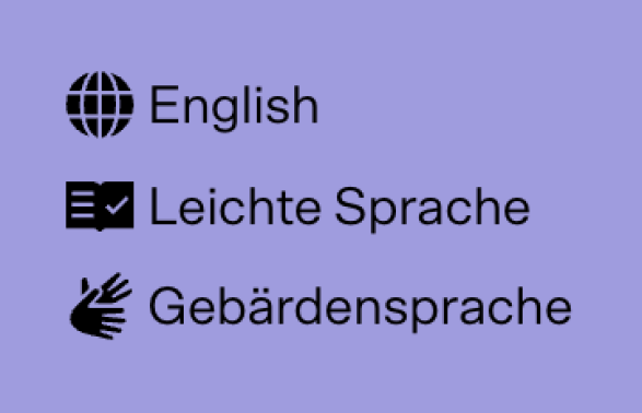 Das Men&uuml; f&uuml;r Englisch, leichte Sprache und Gebr&auml;densprache.
