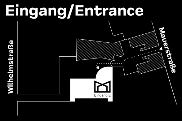 Black and white graphic showing the entrances to the Kinemathek from Mauerstra&szlig;e and Wilhelmstra&szlig;e