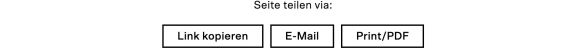 Ein Bildausschnitt vom Website-Footer: Text: Seite teilen via und drei Buttons: 1. Link kopieren, 2. E-Mail, 3. Print/PDF