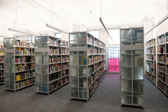 Mehrere Regale mit Büchern stehen in der Bibliothek vor einer großen Fensterwand.