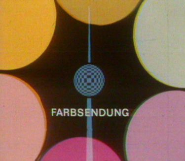 Graphic with lettering &lsquo;Farbsendung&rsquo; surrounded by colourful circles, stylised television tower, reminiscent of early colour television in Germany.