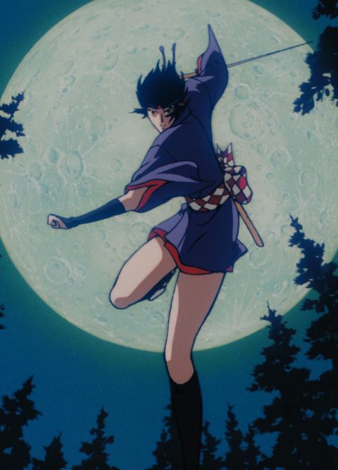 Anime-Grafik von einer springenden Person, umrahmt von einem gro&szlig;en Mond und B&auml;umen.