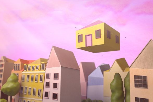 In einer bunten Animation schwebt ein Haus in einem violetten Himmel, umgeben von vielen Fliegen.