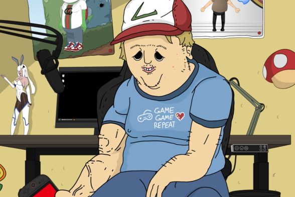 Eine Comicfigur mit Basecap und Gamershirt sitzt mit leerem Blick auf einem Gamingstuhl, umgeben von Postern.