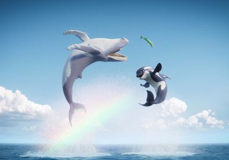 Man sieht ein k&uuml;nstlich erstelltes Bild, auf dem ein Wal ein Orka und ein Fisch in die Luft springen. Das Meer ist unter ihnen und ein Regenbogen im Hintergrund