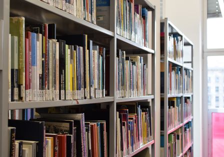 There are lots of books on a gray shelf next to a window with a pink pane.