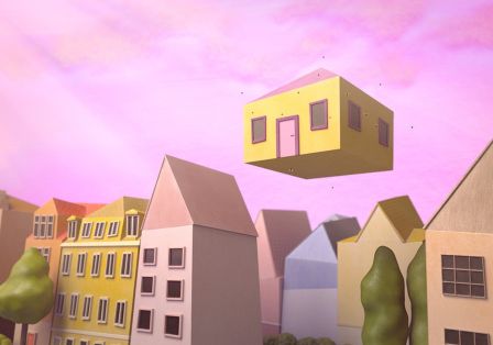 In einer bunten Animation schwebt ein Haus in einem violetten Himmel, umgeben von vielen Fliegen.