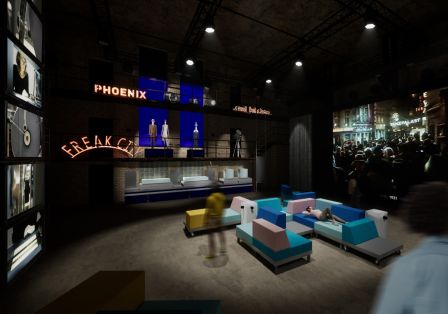 Dunkler Raum mit Sitzbereich, gro&szlig;er Leinwand und Neon-Schildern.