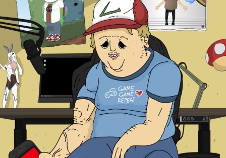 Eine Comicfigur mit Basecap und Gamershirt sitzt mit leerem Blick auf einem Gamingstuhl, umgeben von Postern.