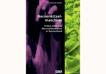 Buchcover "Nervenkitzelmaschine": schwarz-wei&szlig;, gr&uuml;ner Hintergrund, zwei Personen im Profil.