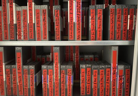 In einem Regal stehen viele Filmkasetten. Sie sind auf roter Pappe am Buchr&uuml;cken beschriftet. 