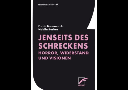 Buchcover mit Titel Jenseits des Schreckens Horror, Widerstand und Visionen: gro&szlig;e lila Versalien auf schwarzem Hintergrund