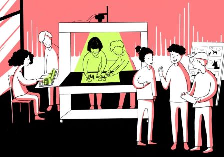 Auf einer Illustration in den Farben Rot, Gelb, Wei&szlig; und Schwarz  steht eine Workshop-Gruppe um den Tricktisch.