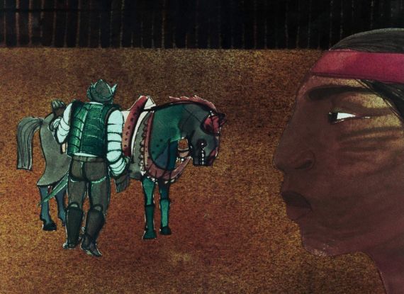 Szenenfoto aus einem gezeichneten Trickfilm: Ein spanischer Ritter steht neben seinem Pferd. Am rechten Bildrand ein Mapuche im Profil, der auf den Ritter schaut.