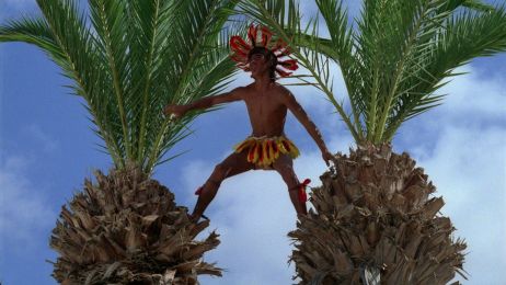 Ein Mann in traditioneller hawaiianischer Kleidung steht auf zwei Palmen und blickt in die Ferne.