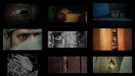 Augen in Nahaufnahme sind auf mehreren Screens in einem Frame platziert.