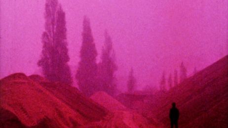 Eine schwarze Figur steht vor einer m&auml;rchenhaft in Rot und Pink beleuchteten Landschaft.