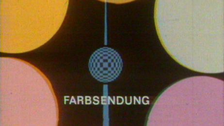Graphic with lettering &lsquo;Farbsendung&rsquo; surrounded by colourful circles, stylised television tower, reminiscent of early colour television in Germany.