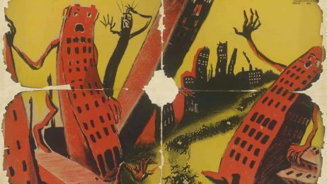 Das gemalte Filmplakat zeigt rote Hochh&auml;user mit Gesichtern auf einem gelben Hintergrund, der von Brandspuren durchzogen ist.