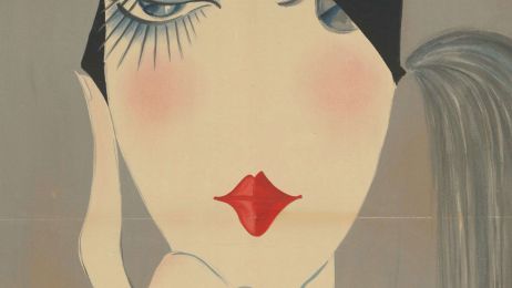 Gemaltes Filmplakat im Stil der 1920er Jahre, das das Gesicht einer Frau mit roten Lippen, kurzem Haar und blauem Lidschatten zeigt.