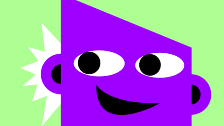 Eine Illustration einer lila Figur mit gro&szlig;en Augen vor einem gr&uuml;nen Hintergrund hat einen freundlichen Gesichtsausdruck.