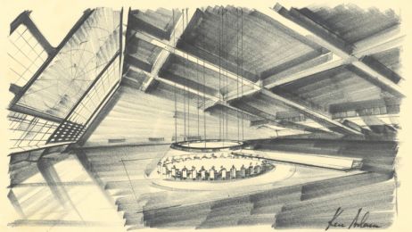 Bleistiftskizze aus dem Jahr 1979 eines Filmset-Entwurfs, die einen modernen Raum mit einem runden Konferenztisch in der Mitte zeigt.